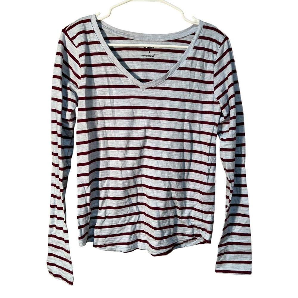 Sonoma Womens Size Small The Everyday Long-Sleeve V-Neck Tee Light Blue Burgundy